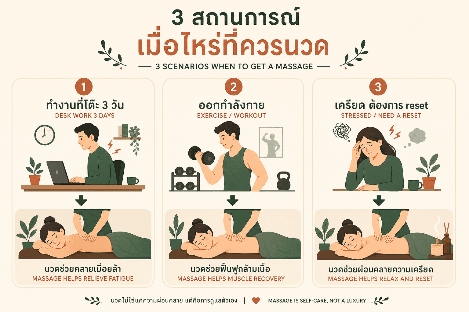 3 สถานการณ์ที่ควรนวด — ทำงานที่โต๊ะ ออกกำลังกาย เครียดต้องการ reset