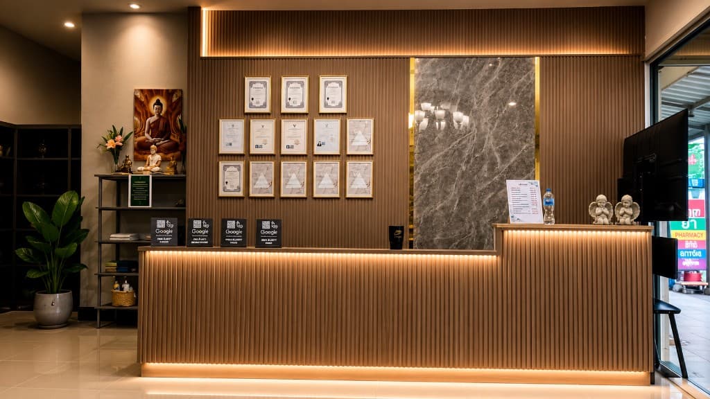 HOB Thai Massage reception with therapist certificates