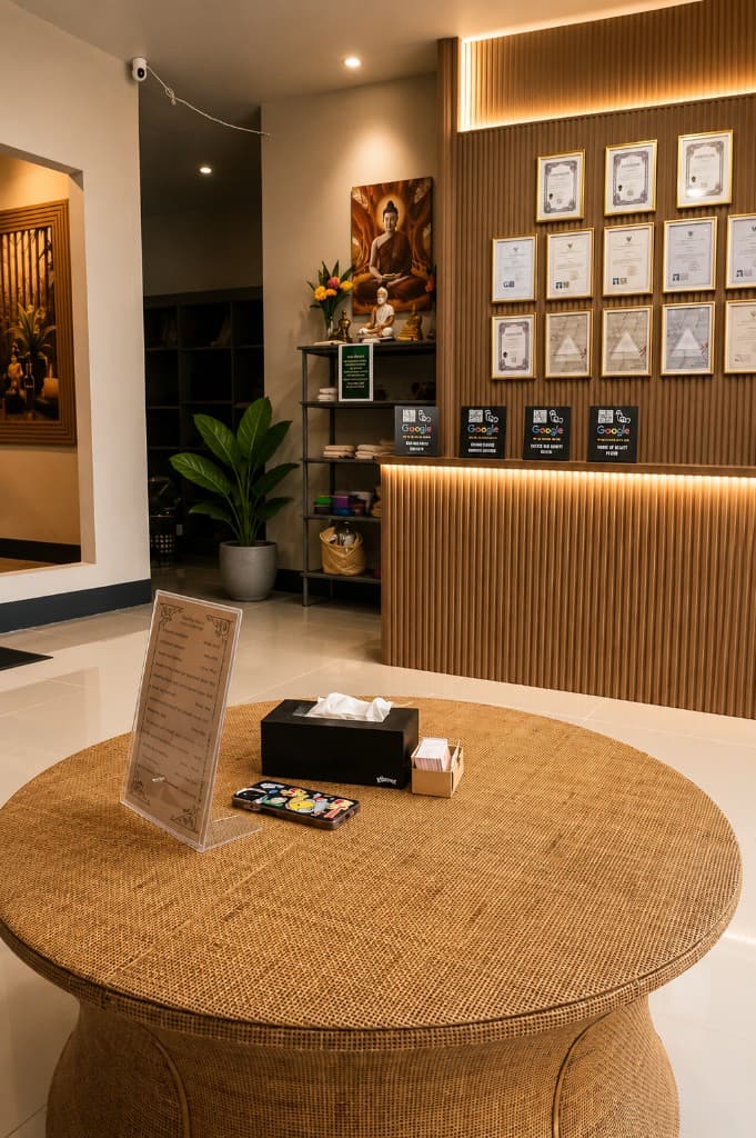 HOB Thai Massage welcoming lobby with certificates